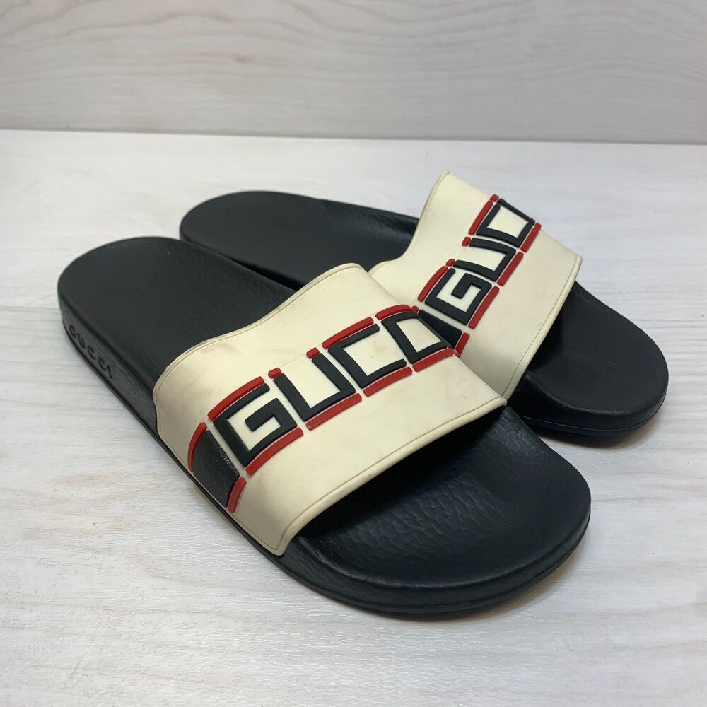 Gucci Pursuit Slide Sandals Women's Size 8 White Black Slip On Casual Shoes